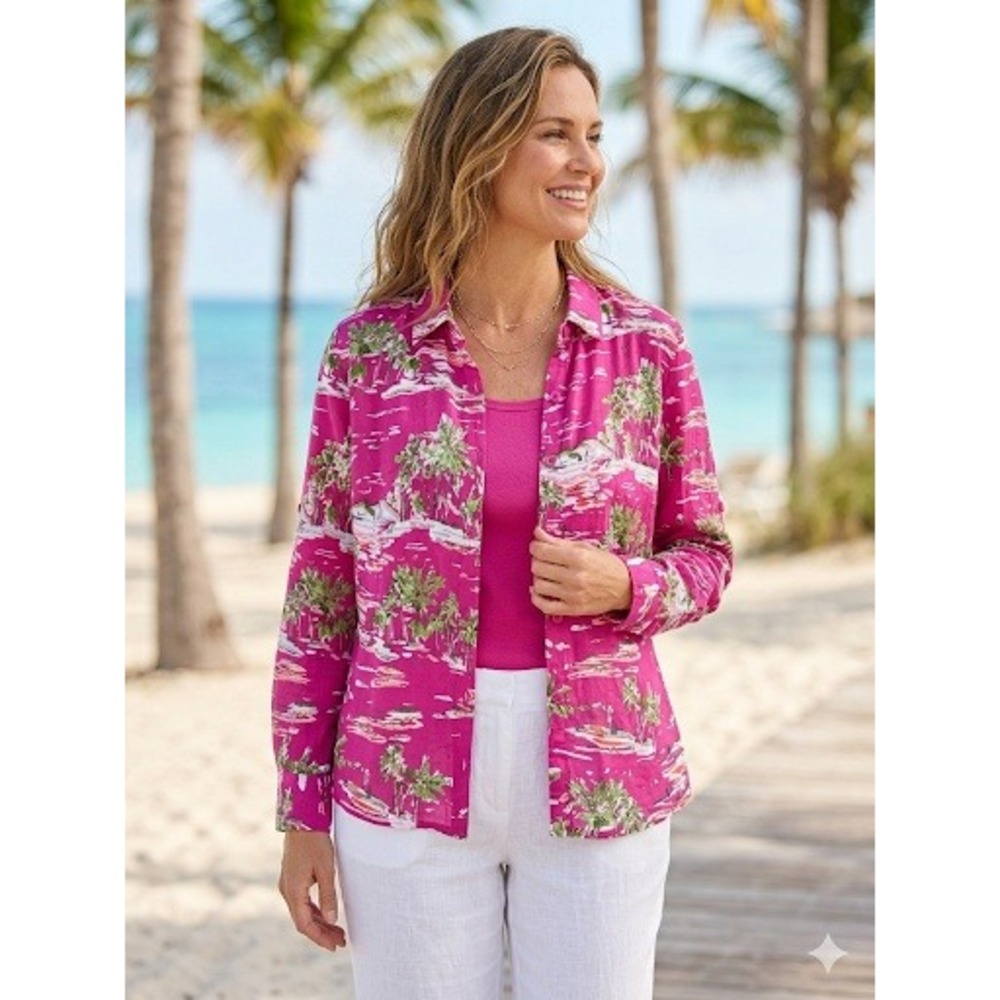 Norton McNaughton Tropical Blouse Tank Set 6 Pink Green Long Sleeve Palm Trees